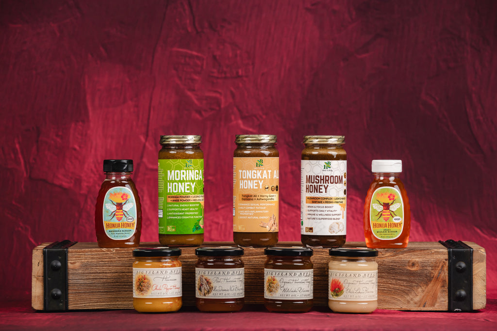 Assorted jars of honey and health products on a wooden stand against a red background
